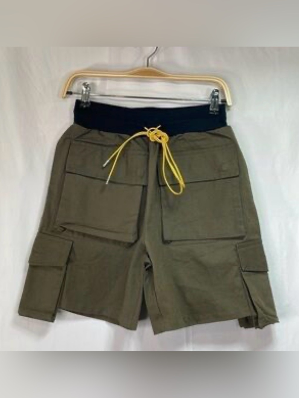 MNML Olive Cargo Shorts with Black Waistband and Yellow Drawstring
